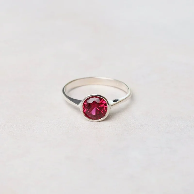 Sterling Silver Ring with 6mm Round Bezel Set Synthetic Ruby