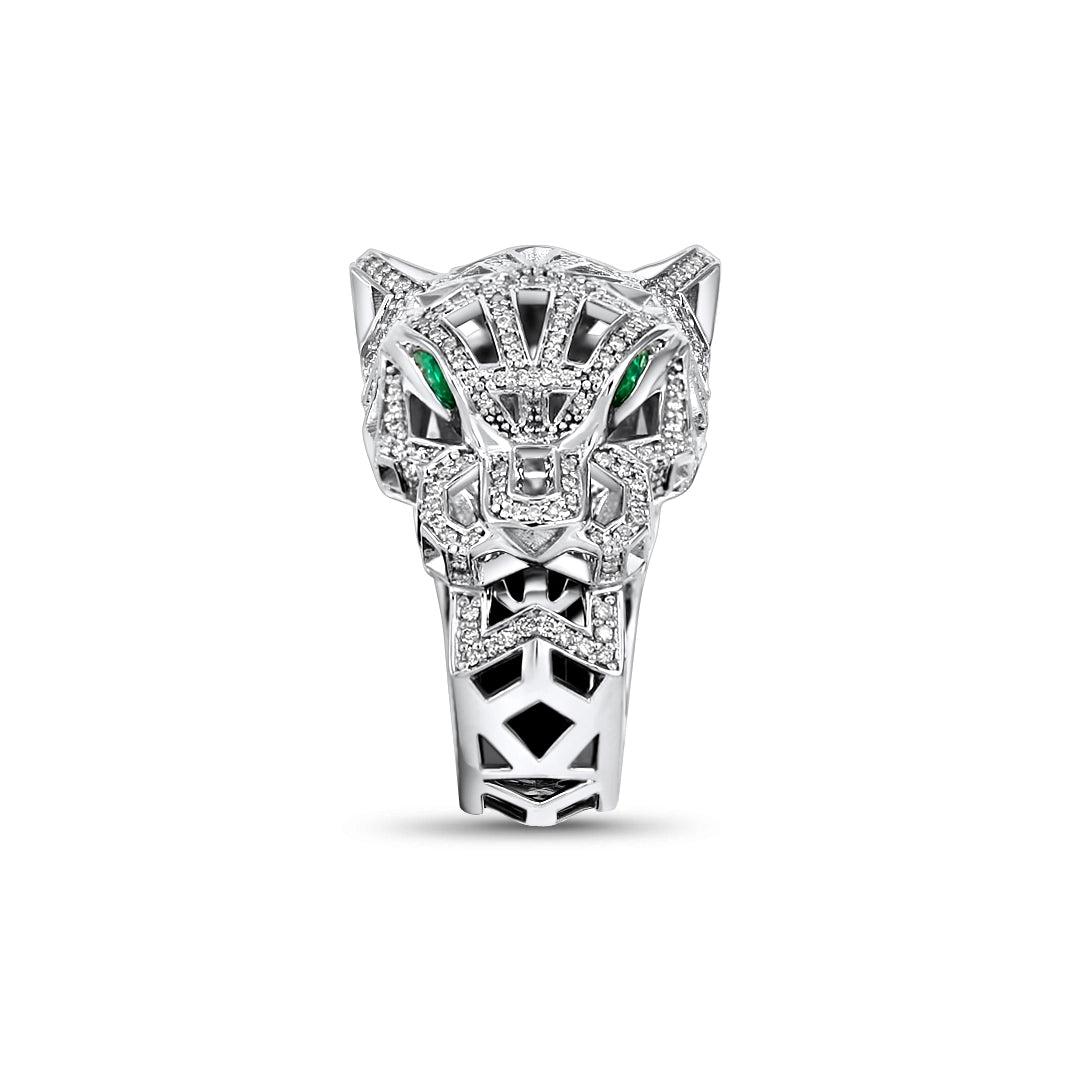 14K White Gold Diamond Cat Ring with Emerald Green Eyes