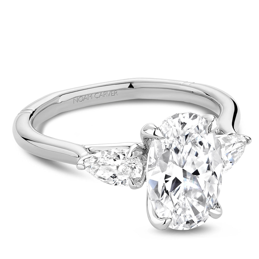 14K White Gold Diamond Semi-mount Ring, Oval Head, Three-stone