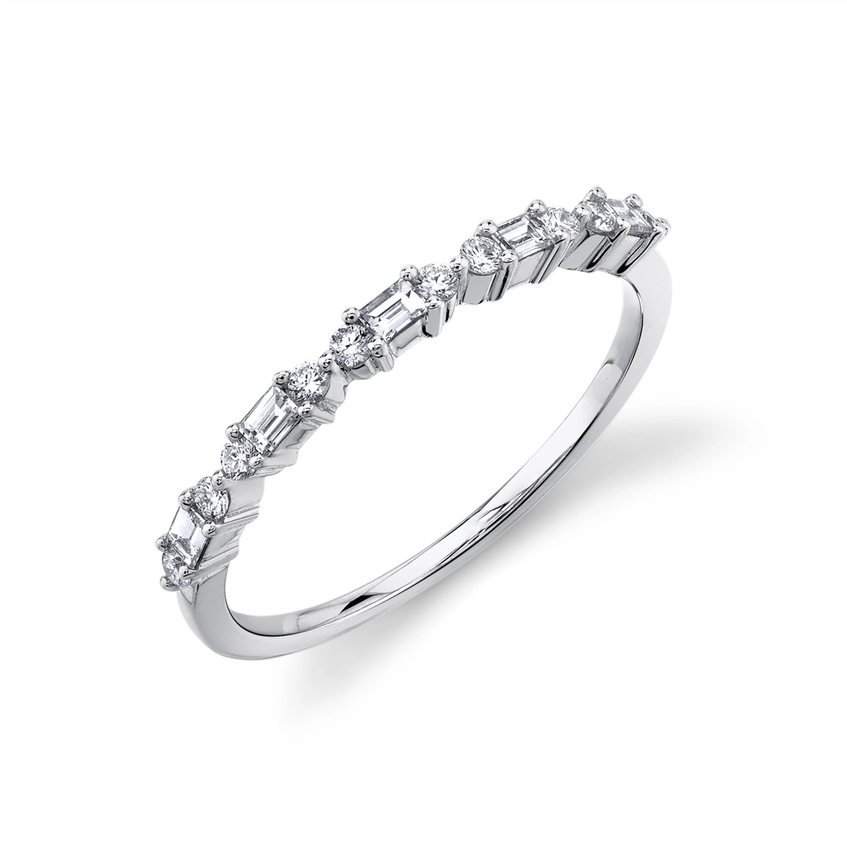 14K White Gold Round and Baguette Diamond Band