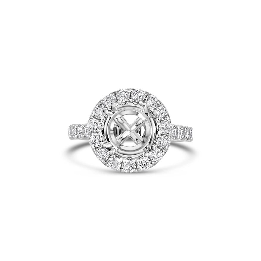 14K White Gold Semi Mount Diamond Ring with Round Halo