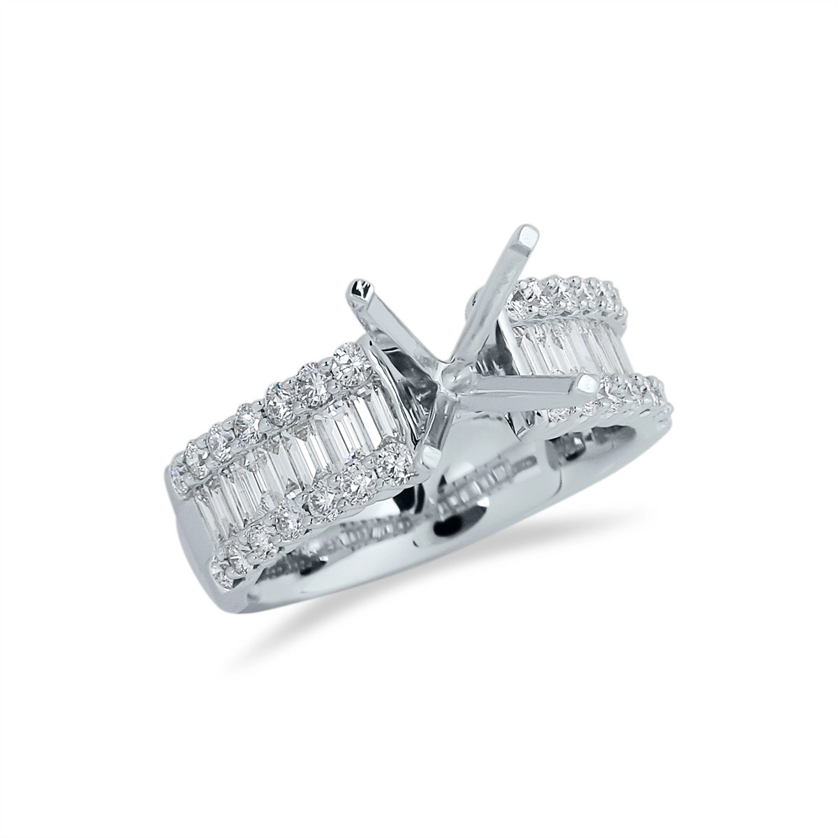 14K White Gold Semi Mount with Baguette & Round Diamonds