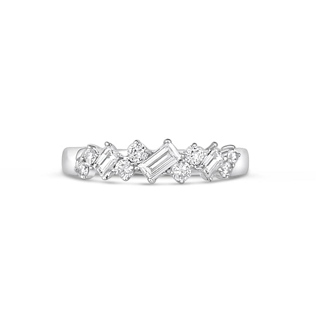 14K White Gold Slanted Baguette and Round Diamond Band