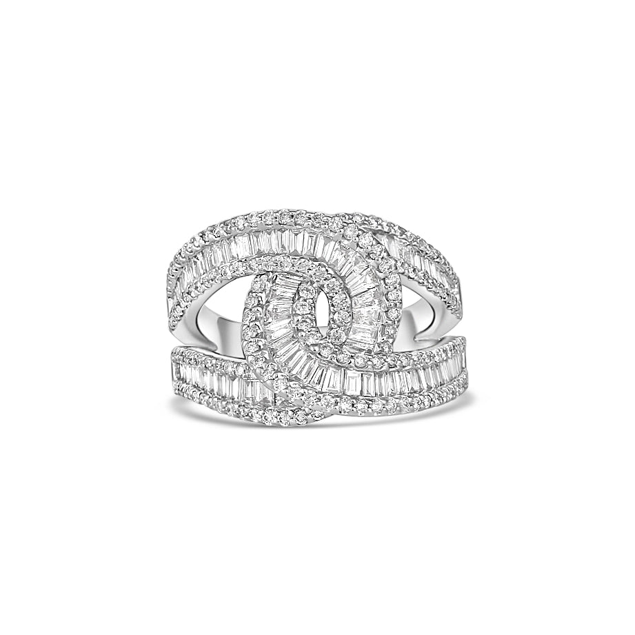 14K White Gold Swirl Baguette, Tapered Baguette and Round Diamond Ring