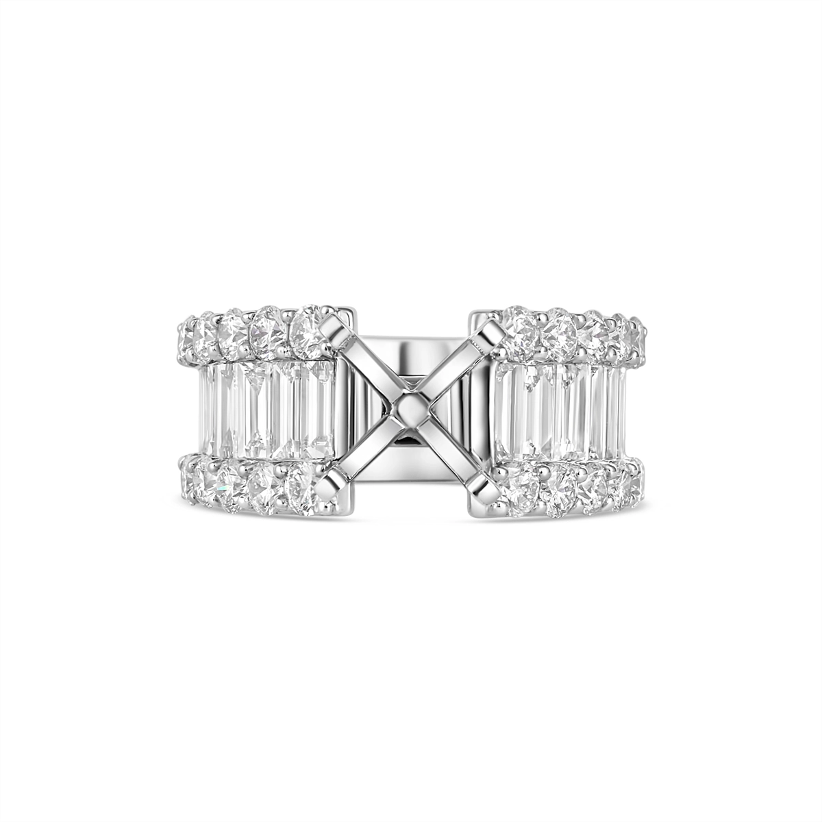 14K White Gold Wide Baguette and Round Semi Mount Diamond Ring