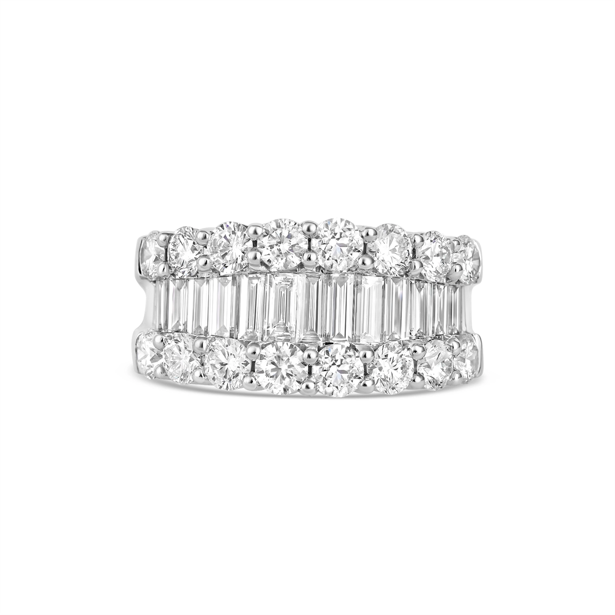 14K White Gold Wide Baguette Diamond Band with Round Diamond Edges