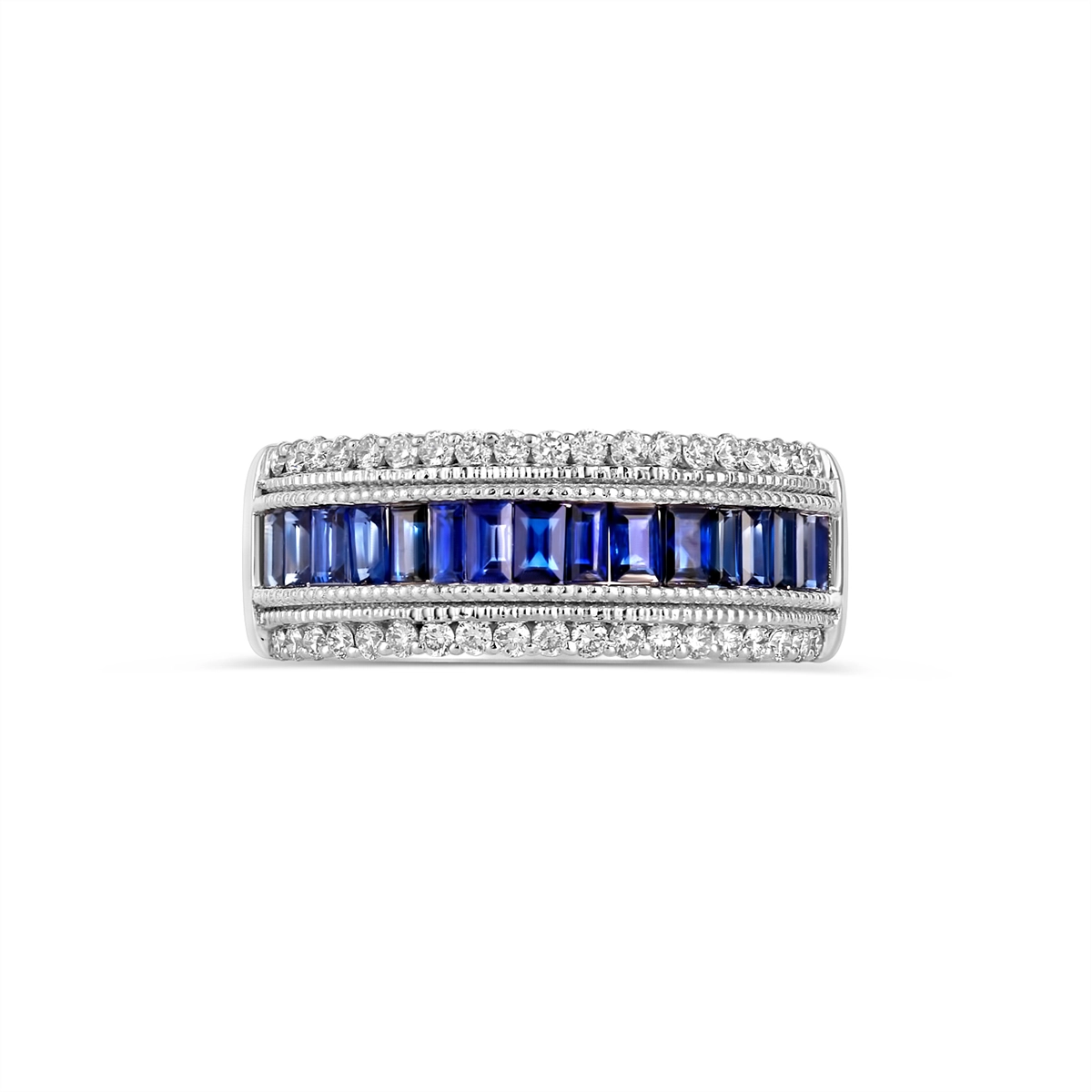 14K White Gold Wide Sapphire and Round Diamond Band