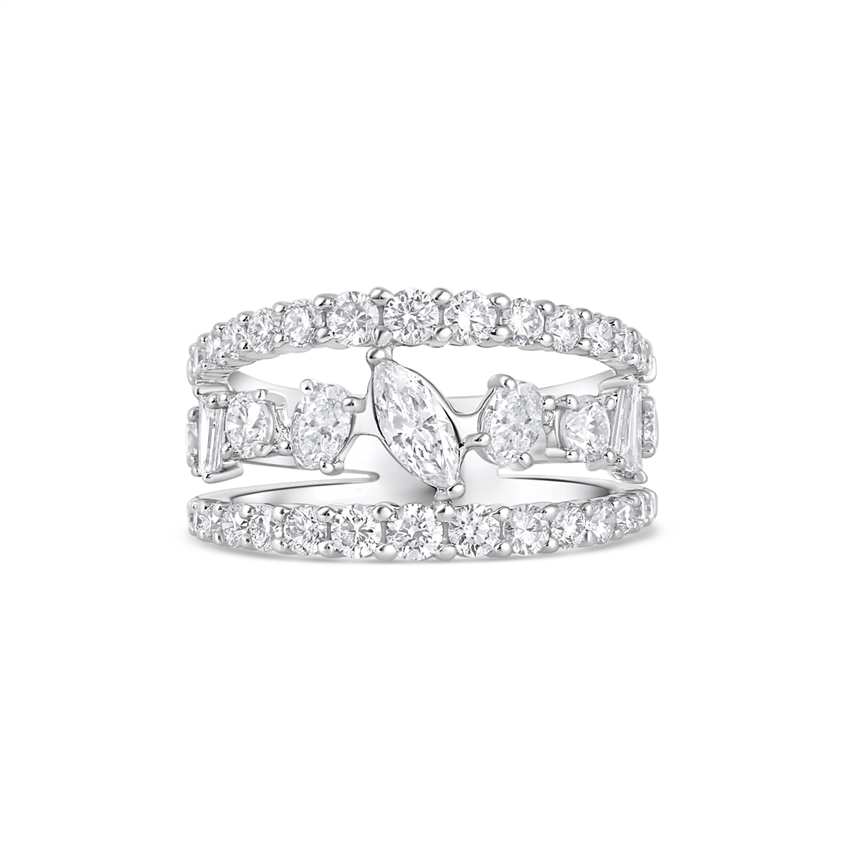 14K White Gold Wide Three-Row Multi-Shaped Diamond Band