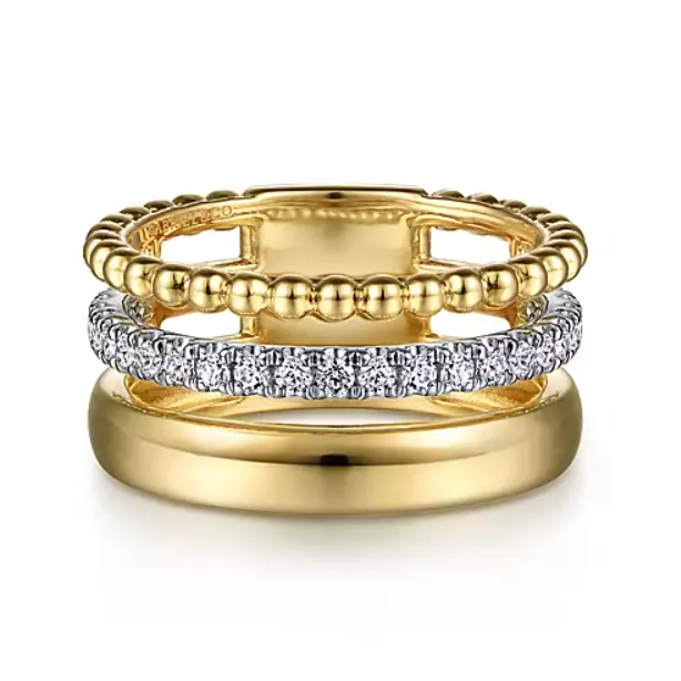 14K Yellow and White Gold Split Layered Ring with Diamonds