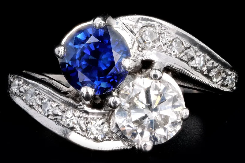 Vintage 14K White Gold Sapphire & Diamond Toi Et Moi Ring