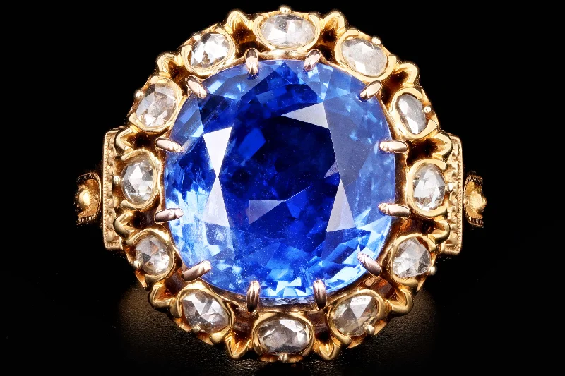 Victorian 18K Yellow Gold Untreated 10.73 Carat Cornflower Blue Burma No Heat Sapphire & Diamond Ring SSEF Certified