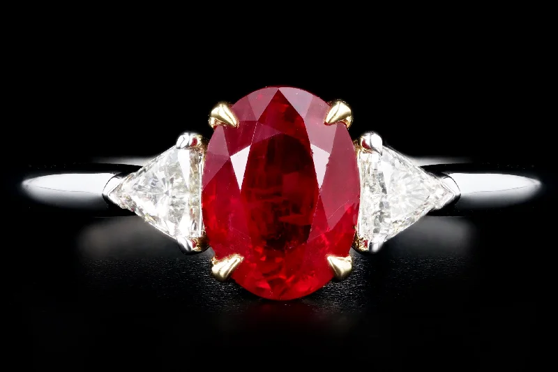 Platinum & 18K Yellow Gold 1.39 Carat Oval Natural Burma Ruby & Trillion Diamond Ring GIA Certified