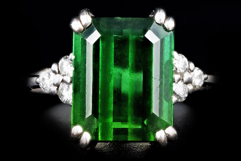 Modern 18K White Gold 4.05 Carat Emerald Cut Green Tourmaline & Diamond Ring