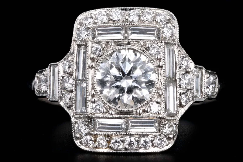 Art Deco Inspired Platinum 1.20 Carat Total Weight Round & Baguette Cut Diamond Ring