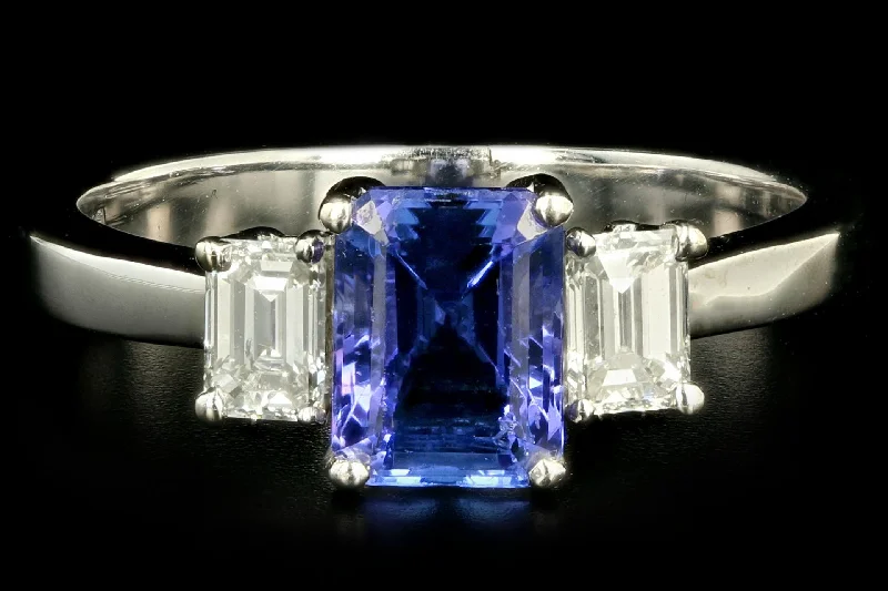 Modern 14K White Gold 1.80 Carat Tanzanite & Emerald Cut Diamond Ring