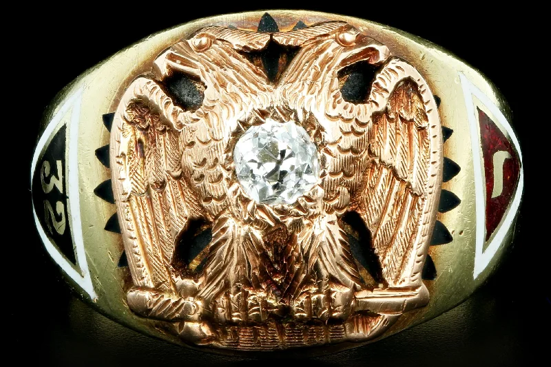 Art Deco 14K Yellow Gold .25 Carat Old European Cut Diamond Masonic Ring