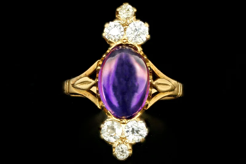 Victorian 14K Yellow Gold 2.77 Carat Cabochon Amethyst & Diamond Ring