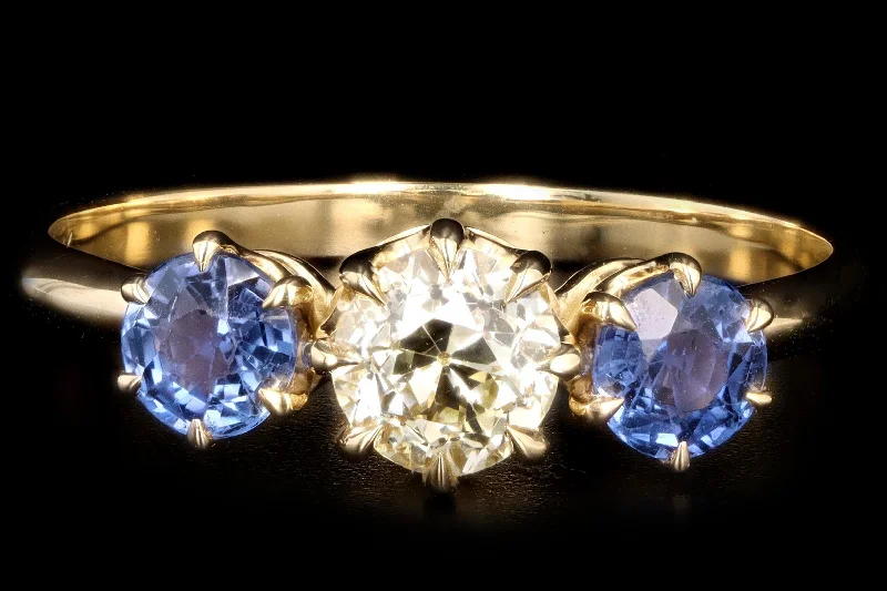 New Vintage Inspired 18K Yellow Gold Light Yellow Old European Cut Diamond & Sapphire Ring