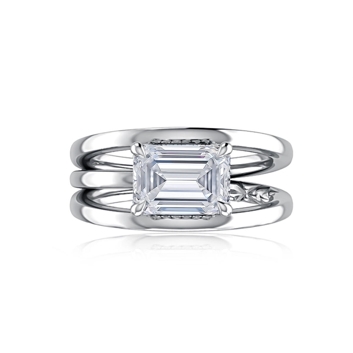 A. Jaffe 14K White Gold Diamond Semi-mount Ring, East/West Rectangle Head with Hidden Halo and Plain Split Shank