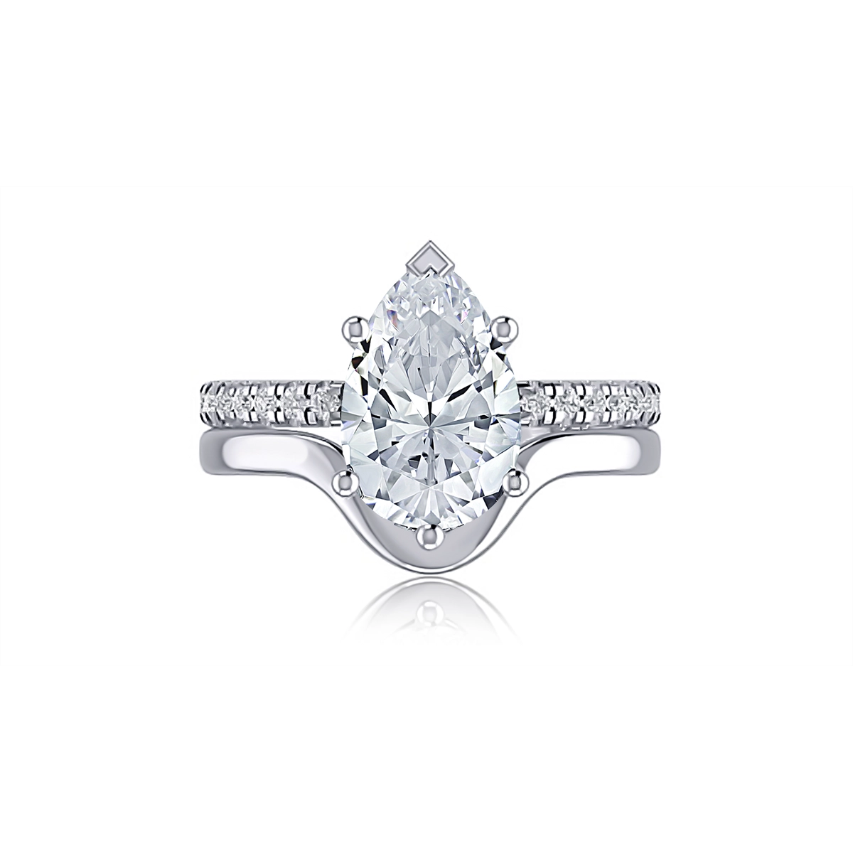 A. Jaffe 14K White Gold Semi Mount Pear Ring with Diamond Shank and Gold Ring Guard Design