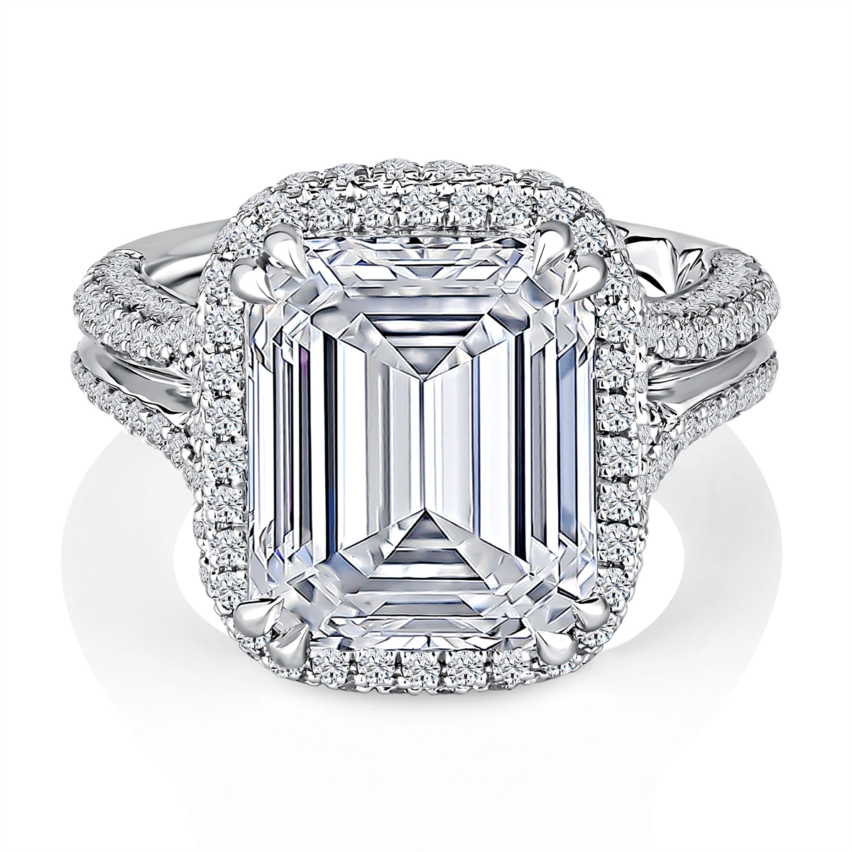 A. Jaffe 14K White Gold Wide Semi Mount Emerald Cut Ring with Diamond Halo and Diamonds on Three Sides of Split Shank