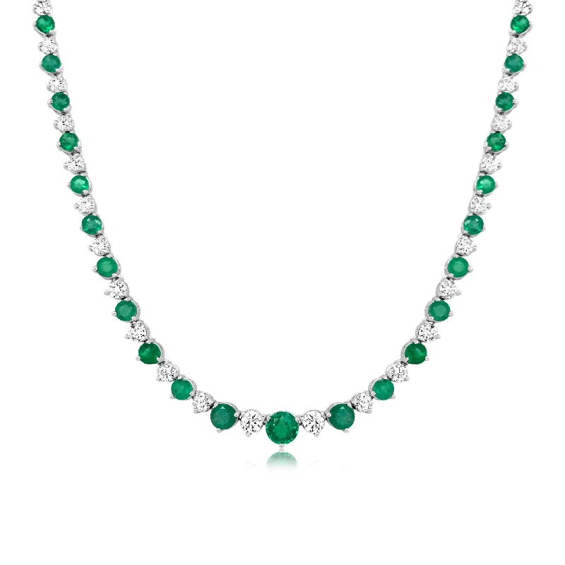 Alternating Diamond and Emerald Graduated Tennis Necklace