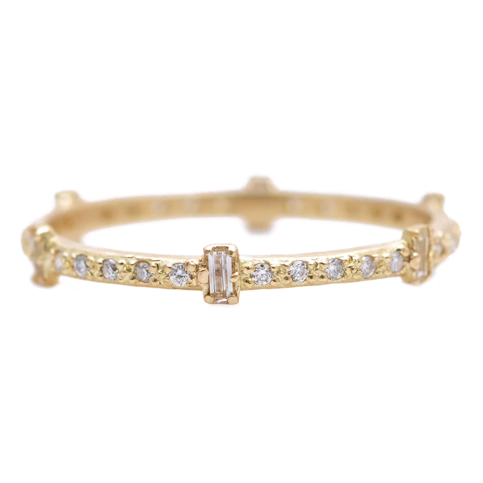 Armenta 18K Yellow Gold Sueno Stack Band with Six White Sapphire Baguettes and White Diamonds