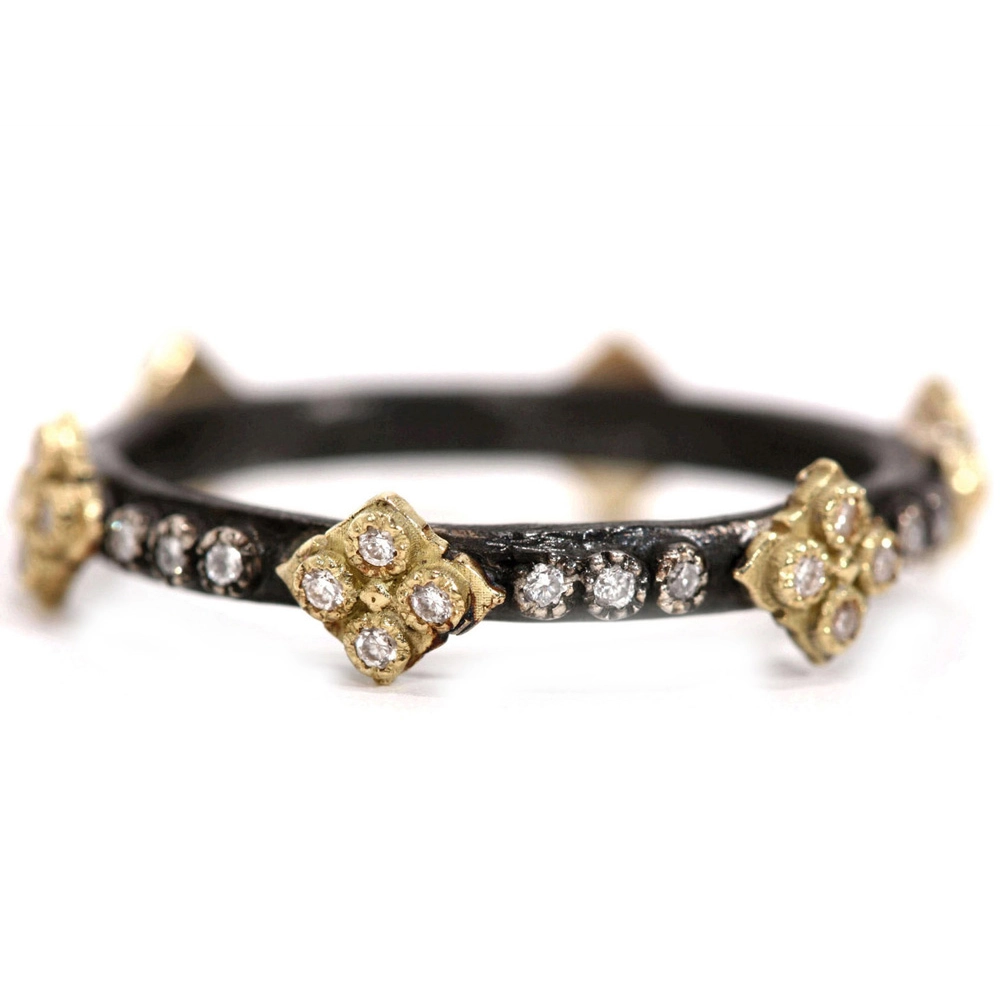 Armenta Old World Blackened Sterling Silver & 18K Yellow Gold Diamond Stack Ring with Cravelli Crosses