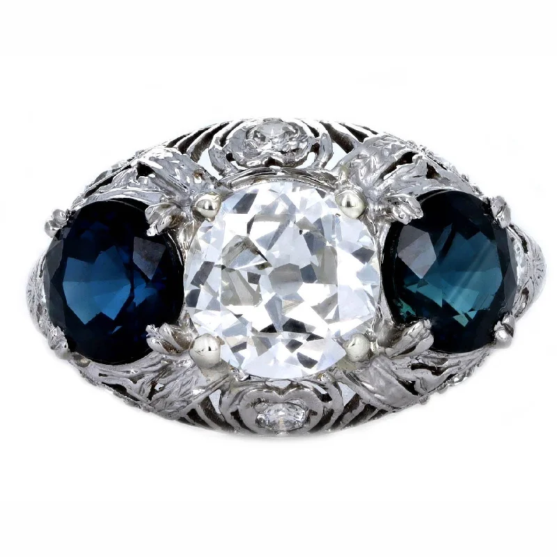 Art Deco 1.47 Carat Old European Diamond Three Stone Sapphire Ring in Platinum GIA Certified