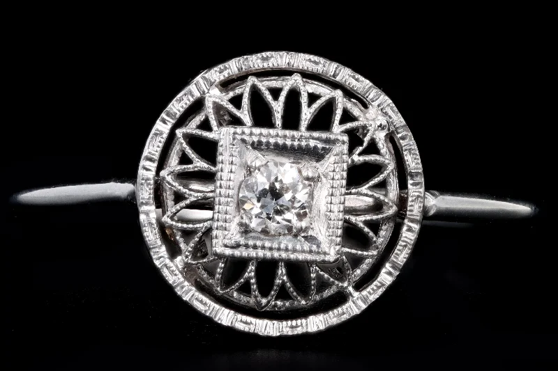 Art Deco 14K White Gold Old European Cut Diamond Stick Pin Conversion Ring