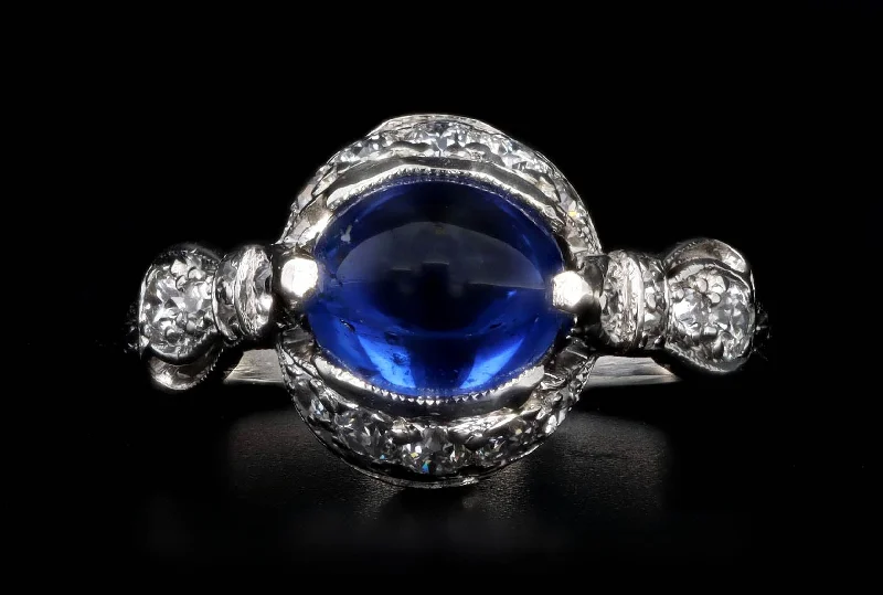 Art Deco 2 Carat Cabochon Natural Sapphire & Old European Diamond Ring in Platinum GIA Certified