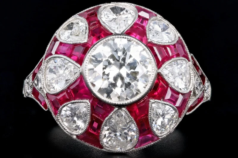 Art Deco Inspired Platinum 1.14 Carat Old European Cut Diamond & Natural Ruby Ring