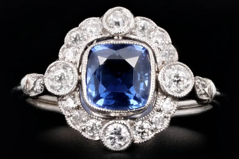 Art Deco Inspired Platinum 1.15 Carat Cushion Cut Natural Sapphire & Old European Cut Diamond Halo Cluster Ring