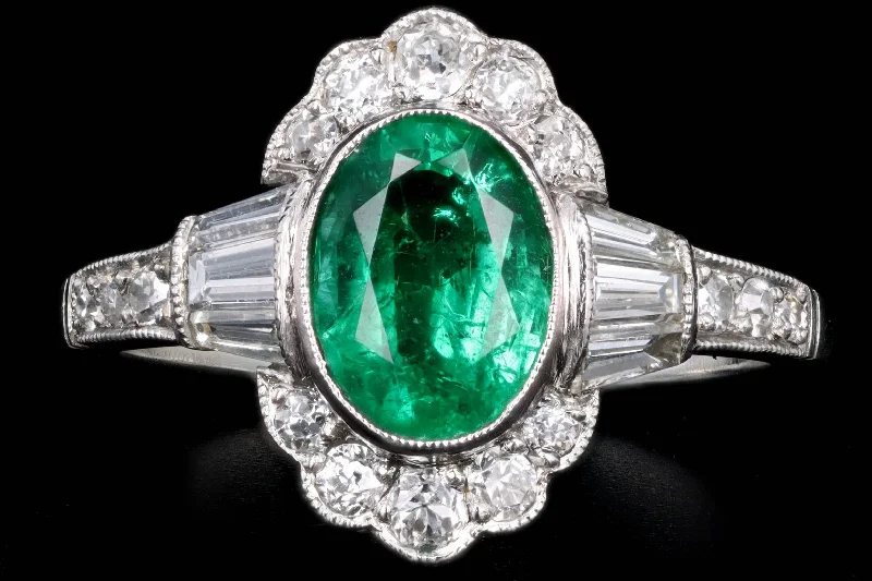 Art Deco Inspired Platinum 1.25 Carat Oval Cut Natural Emerald & Old European Cut Diamond Ring