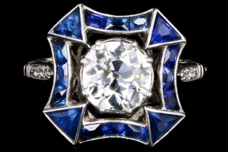 Art Deco Inspired Platinum 1.48 Carat Old European Diamond & Natural Sapphire Ring