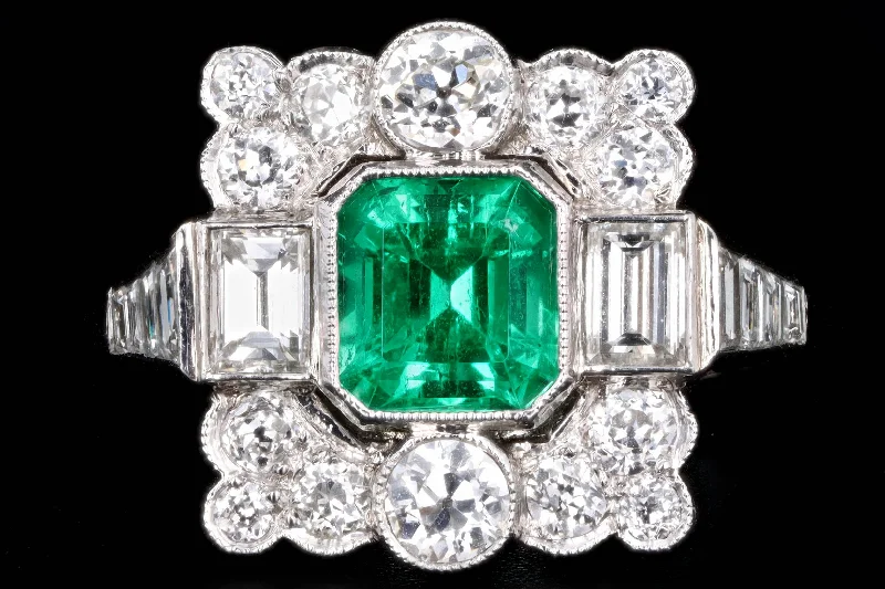 Art Deco Inspired Platinum 1 Carat Natural Colombian Emerald & Diamond Ring