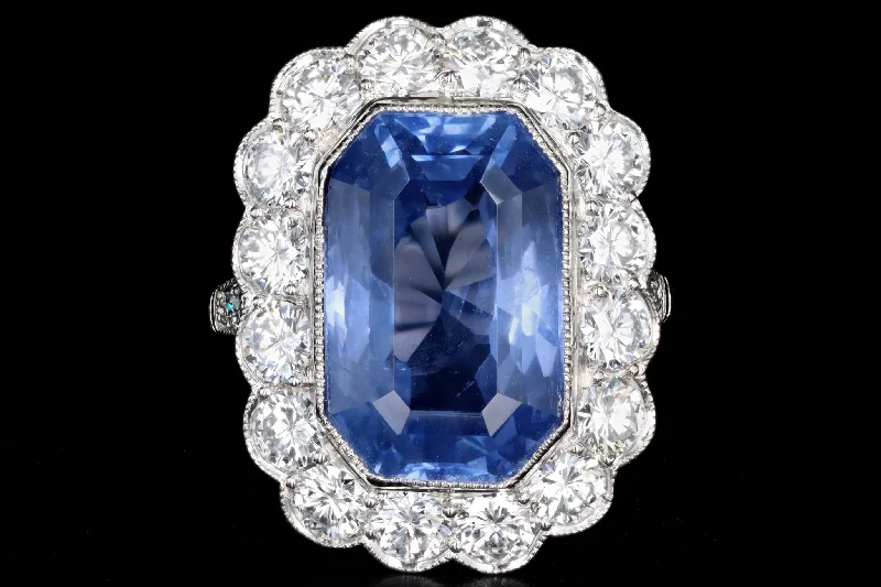 Art Deco Inspired Platinum 13.95 Carat No Heat Ceylon Sapphire & Diamond Halo Cluster Ring AGL Certified