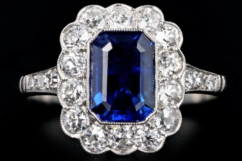 Art Deco Inspired Platinum 2.03 Carat Natural Sapphire & Diamond Halo Ring