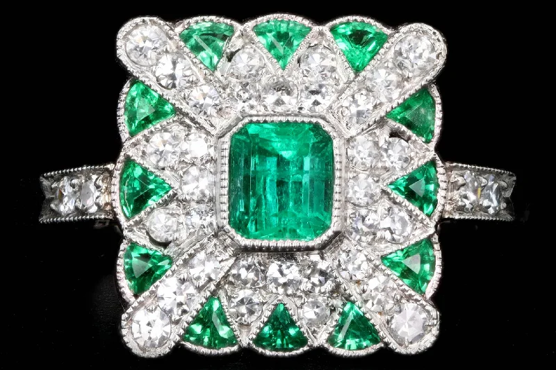 Art Deco Inspired Platinum .31 Carat Natural Emerald & Diamond Ring