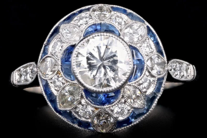 Art Deco Inspired Platinum .58 Carat Round Brilliant Cut Diamond & Natural Sapphire Ring