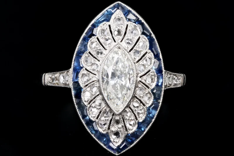 Art Deco Inspired Platinum .60 Carat Marquise Cut Diamond & Sapphire Ring