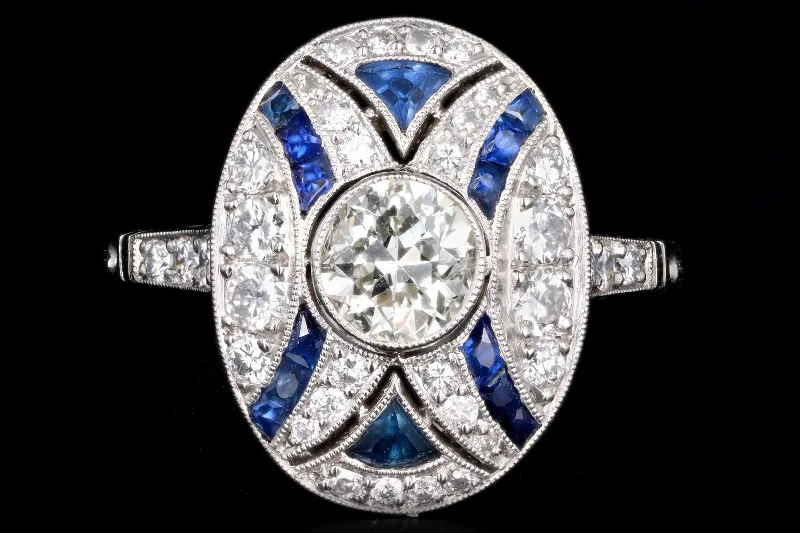 Art Deco Inspired Platinum .68 Carat Old European Cut Diamond & Natural Sapphire Ring