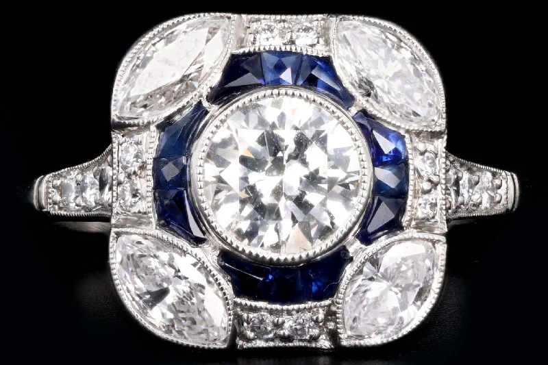 Art Deco Inspired Platinum .75 Carat Round Brilliant Cut Diamond & Natural Sapphire Ring