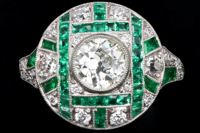 Art Deco Inspired Platinum .93 Carat Old European Diamond & Natural Emerald Ring