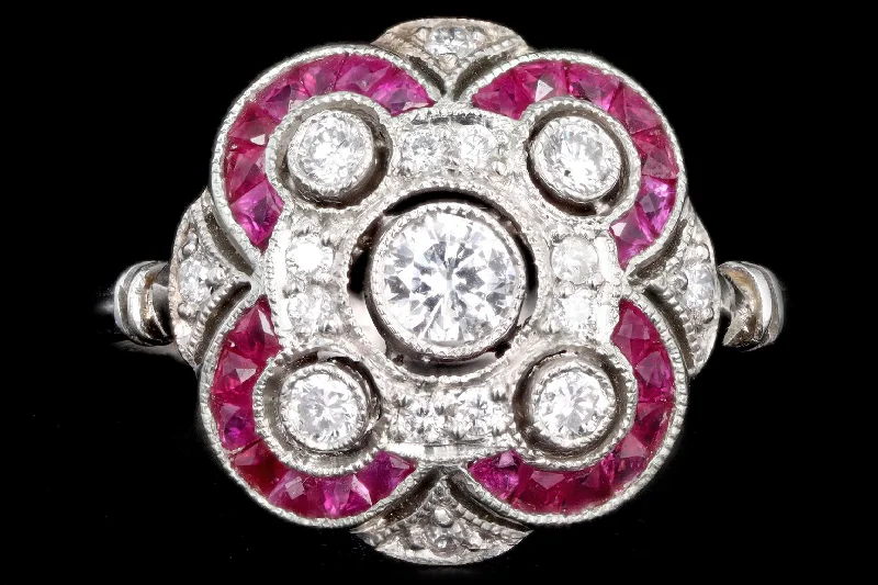 Art Deco Inspired Platinum Diamond & French Cut Natural Ruby Ring