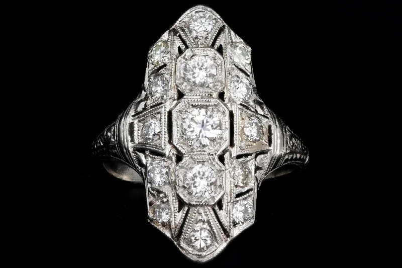 Art Deco Platinum 1 Carat Total Weight Transition Cut Diamond Shield Ring