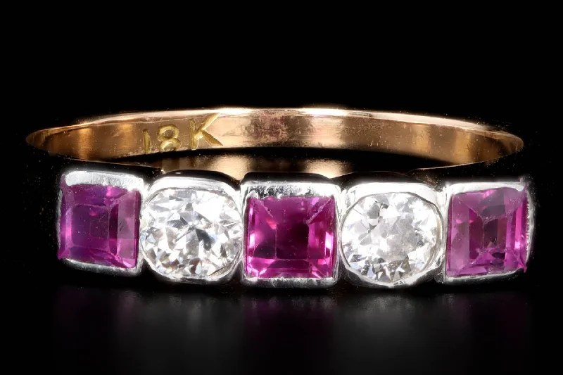 Art Deco Platinum & 18K Yellow Gold Natural Ruby & Old European Cut Diamond Band