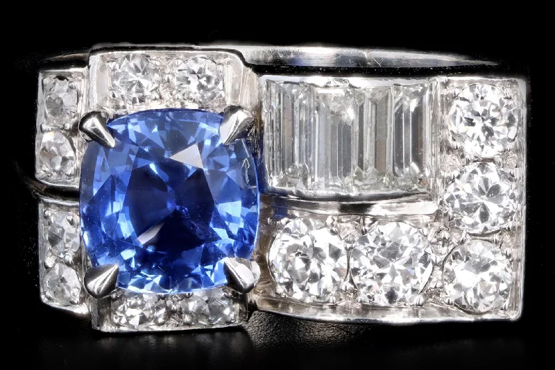 Art Deco Platinum 2.0 Carat Cushion Cut Natural Sapphire & Diamond Ring