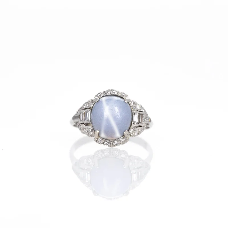 Art Deco Platinum 5.30 Carat Star Sapphire Diamond Ring