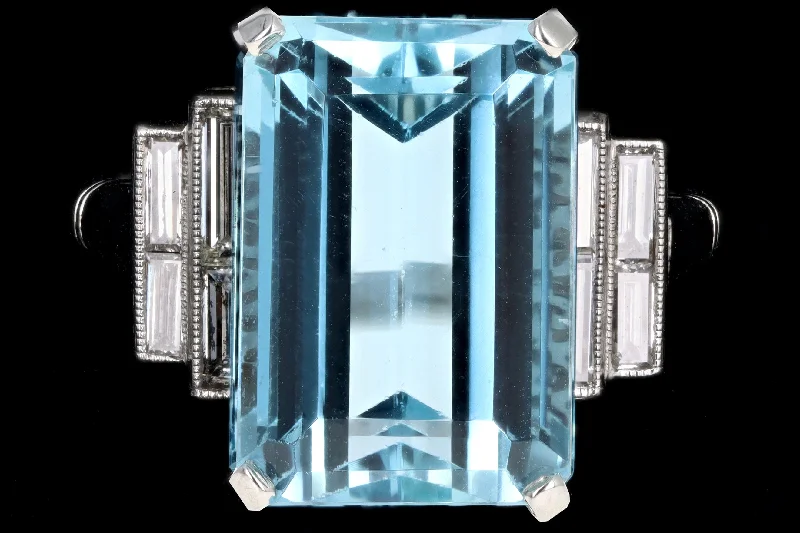 Art Deco Inspired Platinum 9.39 Carat Aquamarine & Baguette Diamond Ring